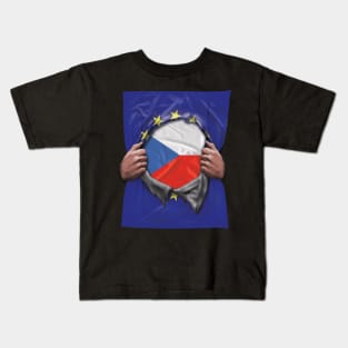 Czech Republic Flag European Union Flag Ripped Open - Gift for Czech From Czech Republic Kids T-Shirt